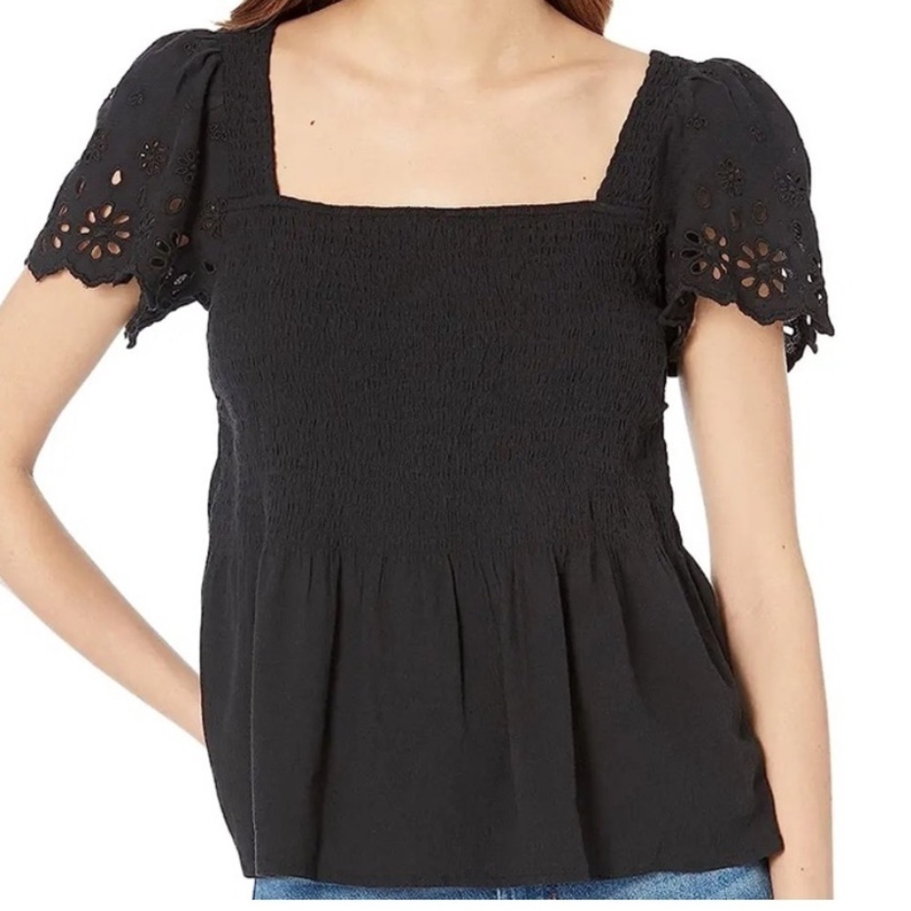 Madewell Eyelet-Sleeve Lucie Smocked Peplum Top